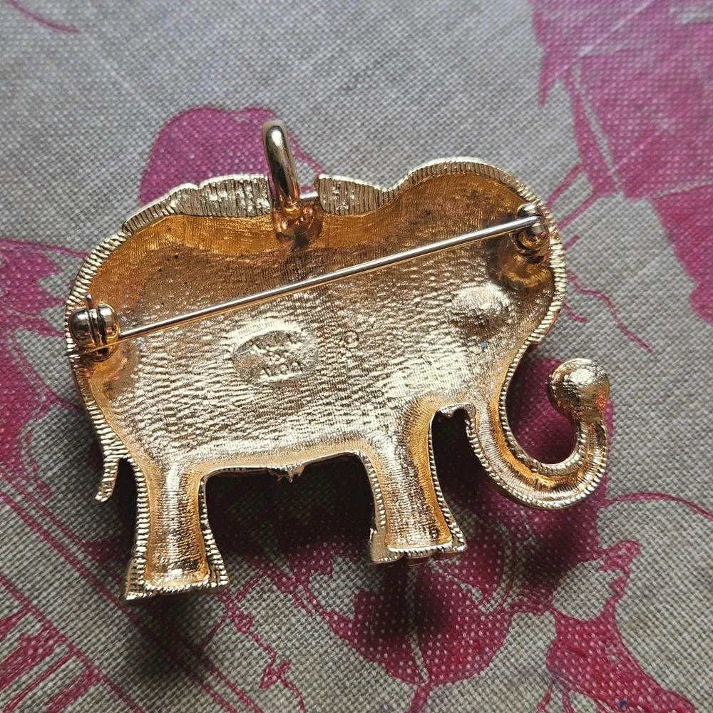 Vintage KJL for Avon Elephant Brooch Gold Tone Enamel Rhinestone Pendant Combo